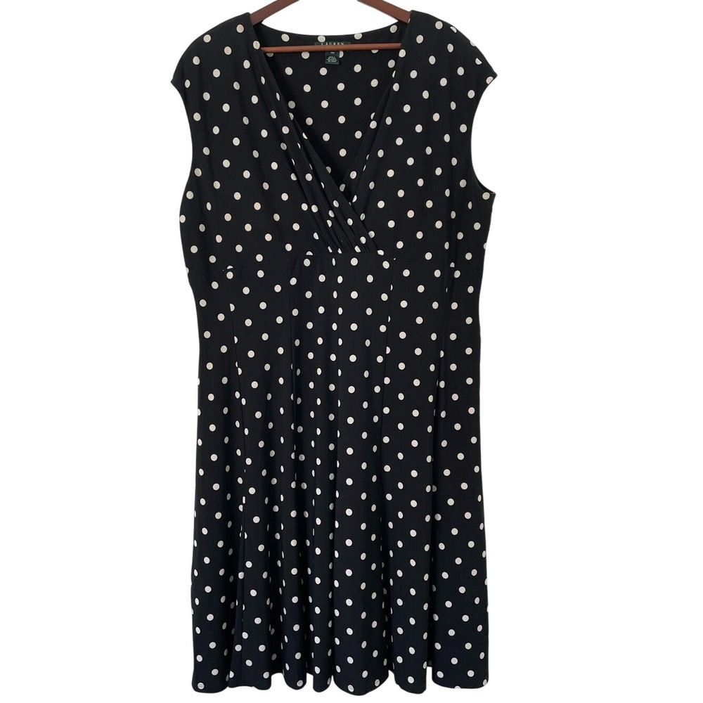 Lauren Ralph Lauren Dress 18W Black White Polka Dot Fit Flare Stretch Midi